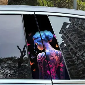Anime-Inspired Vinyl Decal for Vehicle Pillar, Sparkling Butterfly and Cartoon Figure Adhesive Wrap for Auto Protection, Self-Adhesive Rear Column Decoration Film with High-Gloss Finish, Single-Use – Set of 2decal sticker car  stickers