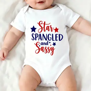 Patriotic Baby Romper 4th of July Outfit for Girls Soft Breathable Round Neck Short-Sleeve Loose Fit with Flag & Stars Print