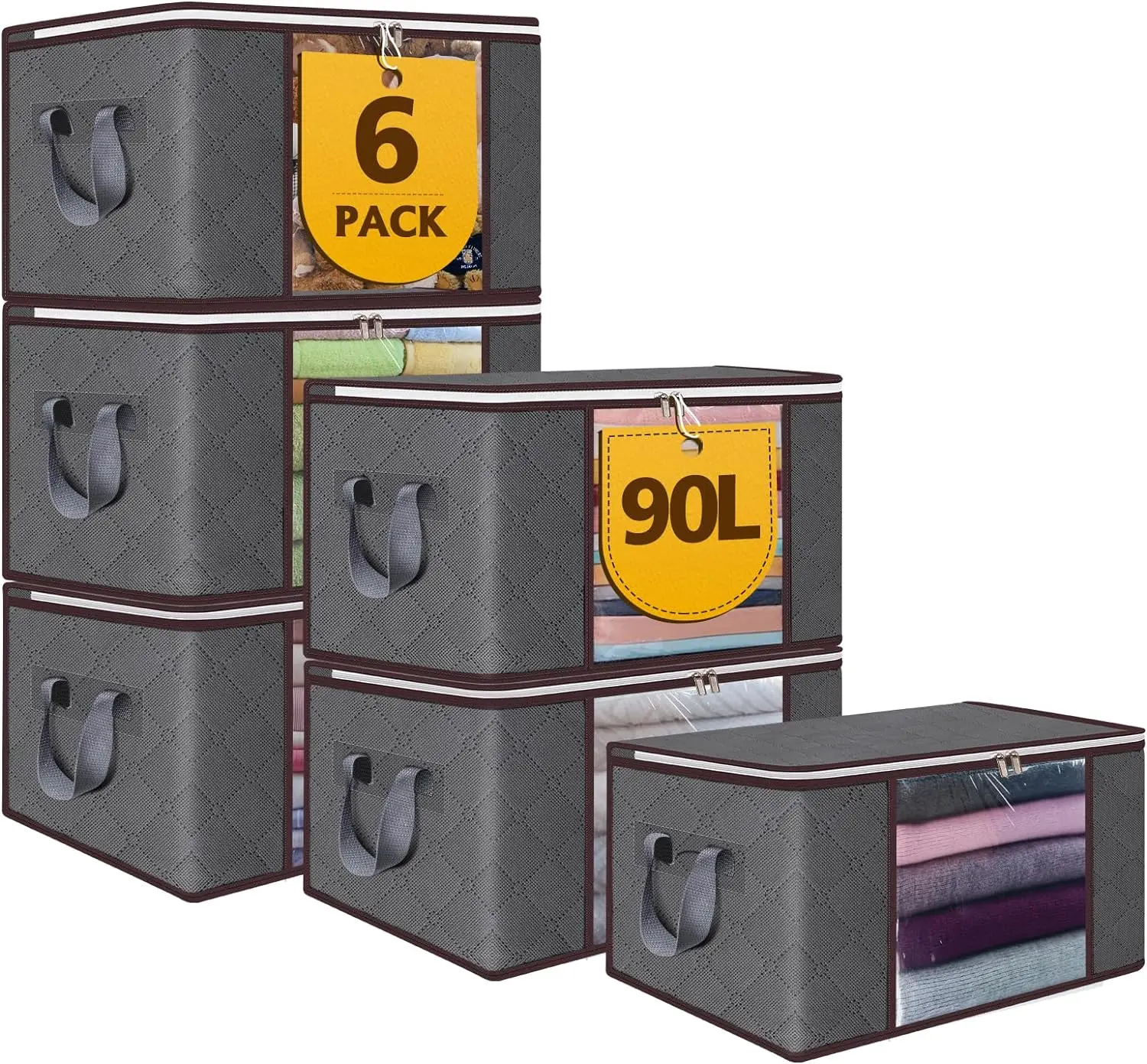 90L Large Storage Bag, 6 Pack Foldable Blanket Storage Bins, Clothing Storage Bins, Foldable Clothes Organizer and Storage Containers with Lids and Handle for Organizing Bedroom, Closet, Clothing