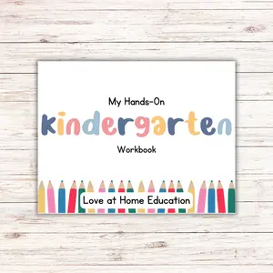 Love at Home Education My Kindergarten Learning Workbook Name Birthday Address Phone Math ABC's Colors Shapes Printed on Cardstock Laminated with Dry Erase Marker Tracing Preschool Books Sticker Decals
