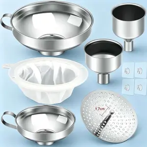 Upgrade Your Kitchen! 10 Pcs Stainless Steel Canning Funnel Set, Wide Mouth Mason Jar Funnels with Fine Mesh Strainer, 2  Hooks - Multi-functional Home Canning & Filling Tool Must Have, Dishwasher Safe, Silver