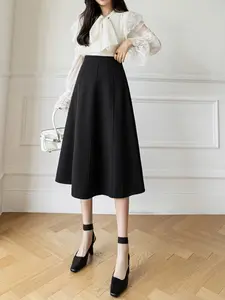 New Spring Summer High Waist A-Line Skirt, Flattering Mid-Length Skirt for Ladies, Trendy Splicing Design for Effortless Style