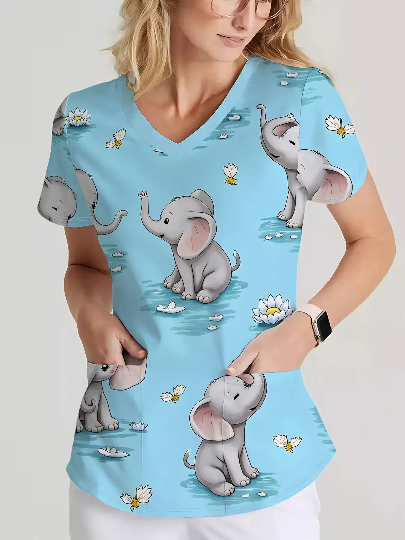 Ladies' Short-Sleeve V-Neck T-Shirt, Elegant And Stylish Nursing Uniform Featuring a Cute Print of a Charming Blue Elephant with Flowers, Made from Soft