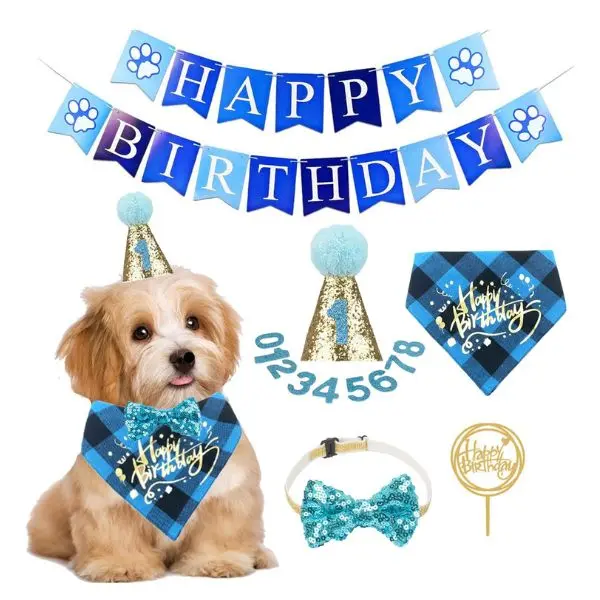 Dog Birthday Boy Bandana Set – Puppy 1st Birthday Party Supplies with Hat, Bow Tie & Banner, Cute Pet Birthday Outfit for Small & Medium Dogs