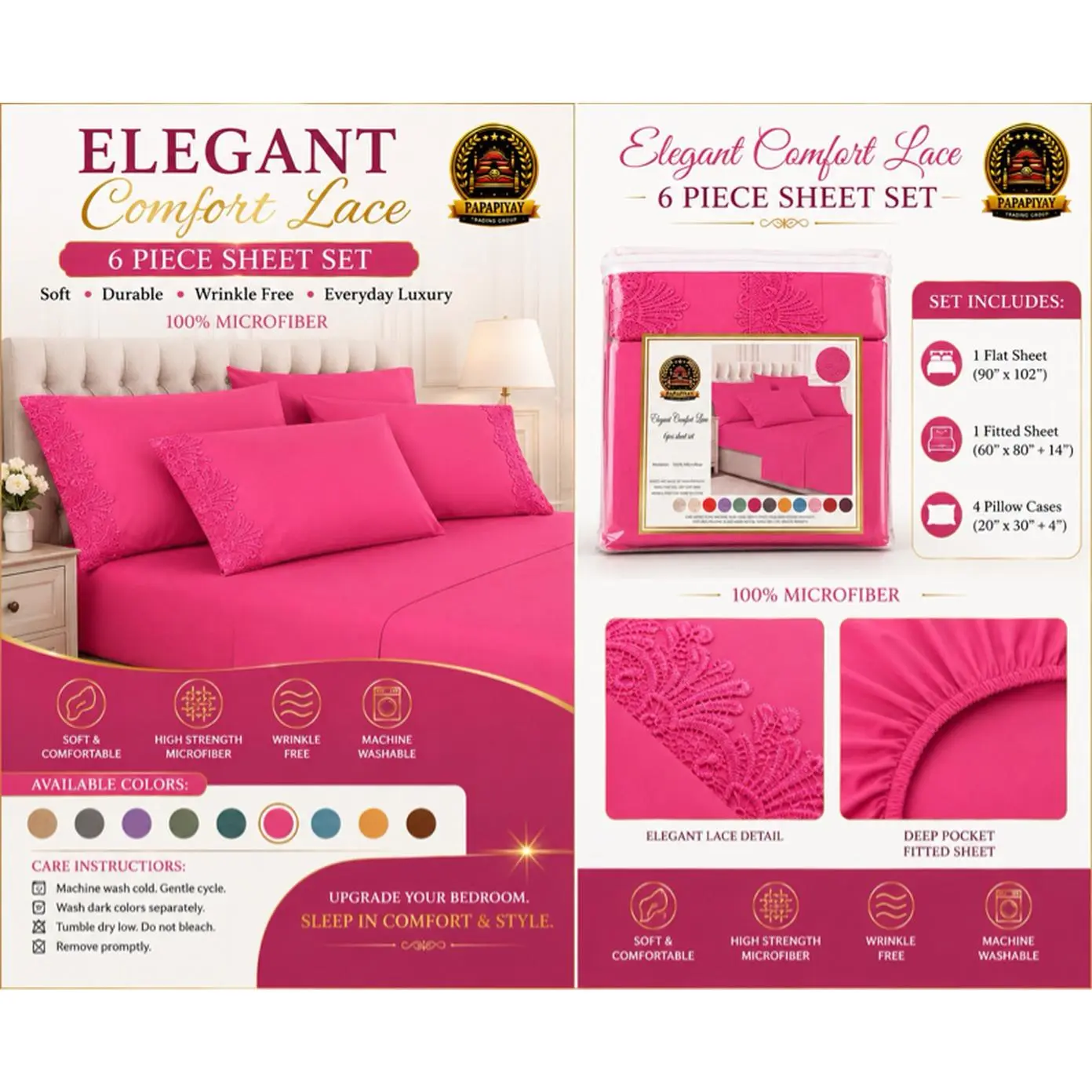 Elegant Comfort Lace 6 Piece Sheet Set - Soft Durable Wrinkle Free 100% Microfiber Deep Pocket Fitted Sheet Machine Washable