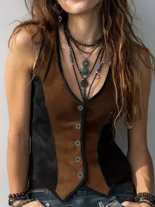 Elegant Women's Colorblock Casual Slim Fit Fitted Short Vest Tops, Fashionable Ladies Waistcoat for Daily Wear, Stylish and Comfortable Design
