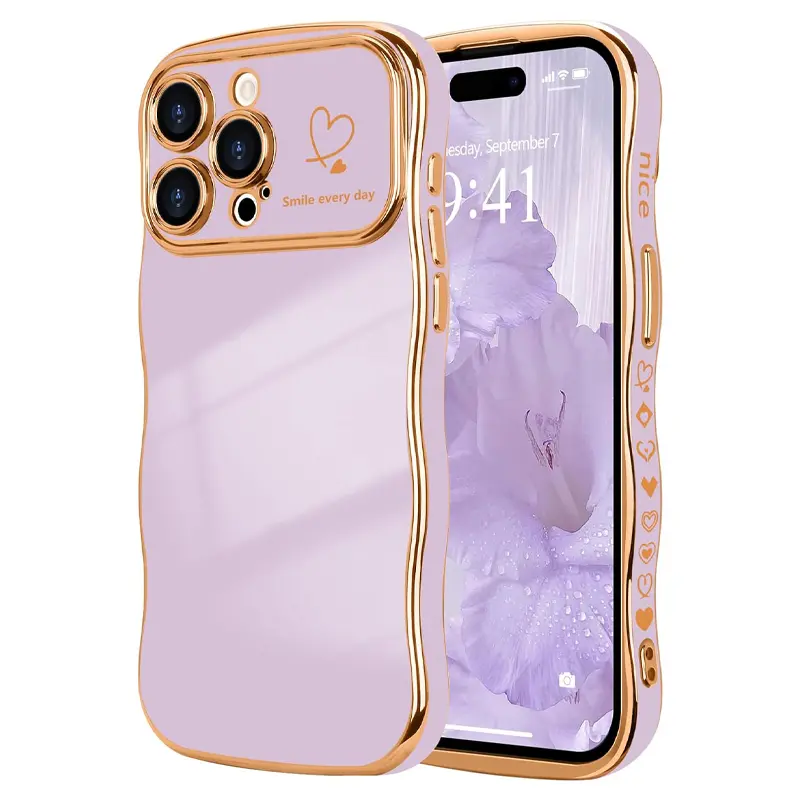 Cute Wave Shape with Love Heart Raised Camera Protection Phone case Accessories Durable Silicone Shiny Silicone Shiny Wavy Wireless
