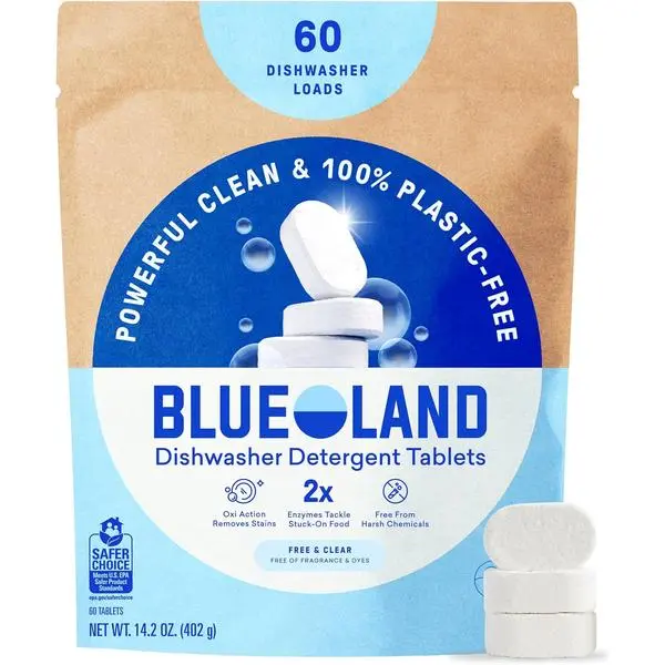 BLUELAND 100% Plastic-Free Dishwasher Detergent Tablets, 60 Count, Free & Clear, Eco-Friendly Dishwashing Pods, Cuts Grease & Stuck on Food, Rinses Clean for Streak-Free Shine