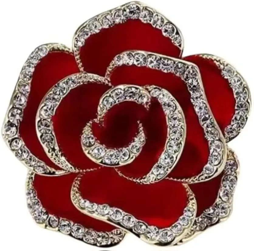 Women's Red Camellia Flower Brooch - Elegant Crystal Rhinestone Pin, Durable Alloy Handcrafted Accessory for Parties, Daily Wear