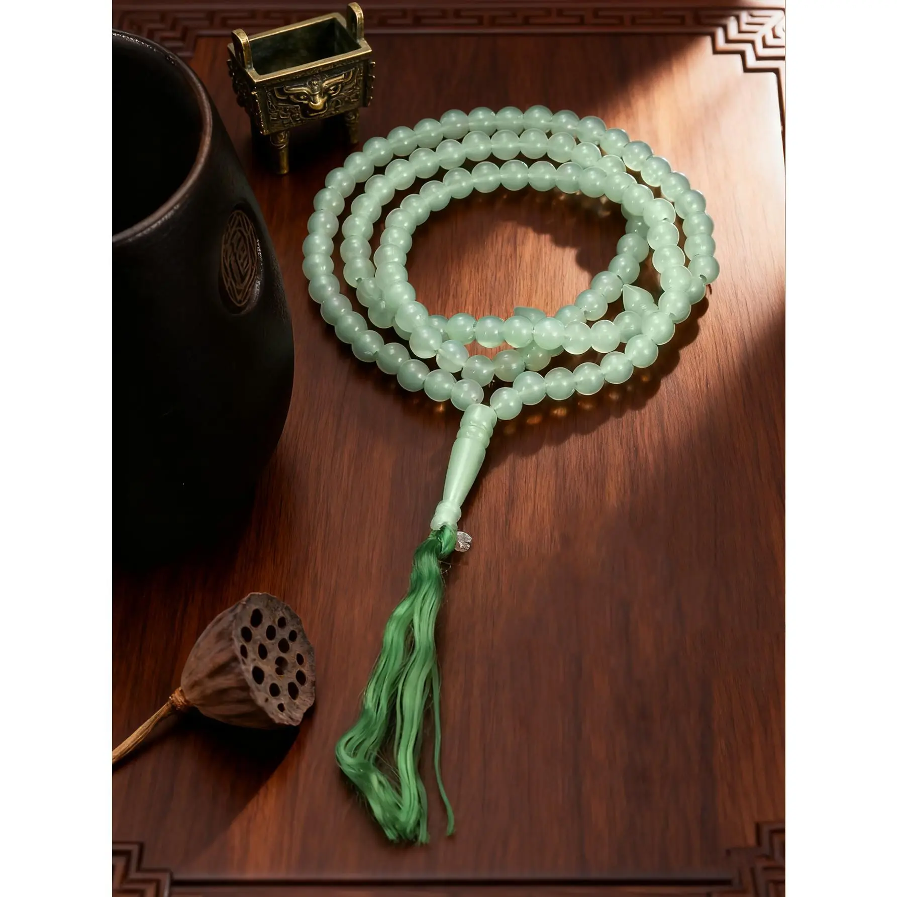 Chinese Style Light Green Tasbih Necklace | Minimalist Zen Middle Eastern Prayer Beads