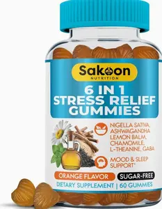 6-in-1 Stress Relief Gummies 60ct - Aids Relaxation with Ashwagandha, GABA, L-theanine, Lemon Balm, Chamomile, Black Cumin Seed Nigella Sativa. Improved Deep Sleep, Joint Support - 60 gummies