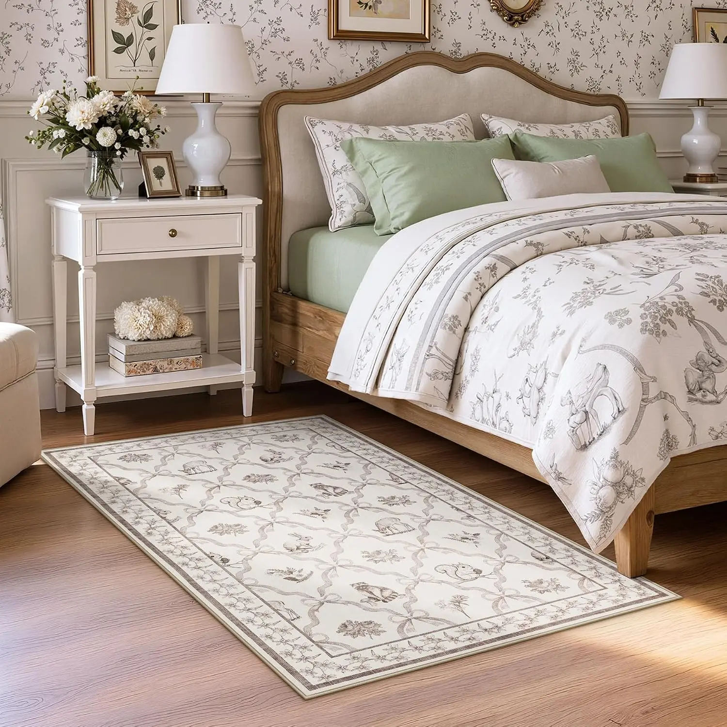 Tribesigns 3x5/5x7 Beige Floral Bow Moroccan Rug for Girls Bedroom | Washable, Soft, Low-Pile, Non-Slip Woodland Animal Area Rug for Nursery, Dorm, Kids Playroom Decor, Includes 4 Rug Grippers