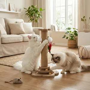 Poste Rascador para Gatos con Juego de Pelota y Juguete Colgante, Diseño de Madera Resistente y Cuerda de Sisal, Ideal para Mantener a Tu Gato Entretenido y Activo