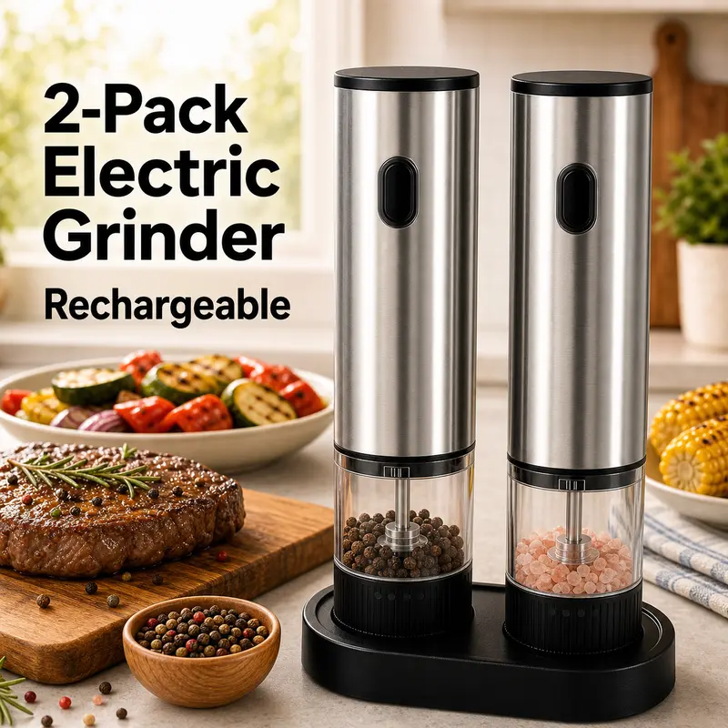 2-Pack Durable Metal Electric Salt and Pepper Grinder Set - USB-C Rechargeable Kitchenware Utensils, Portable with Storage Base, Adjustable Coarseness, 1-Hand Seasoning, Quick Spice Control for Home, Dining Table Use, Maintains Freshness