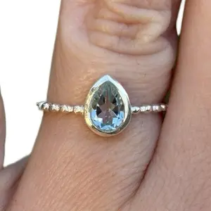 Blue Topaz Sterling Silver Ring with Beaded Band