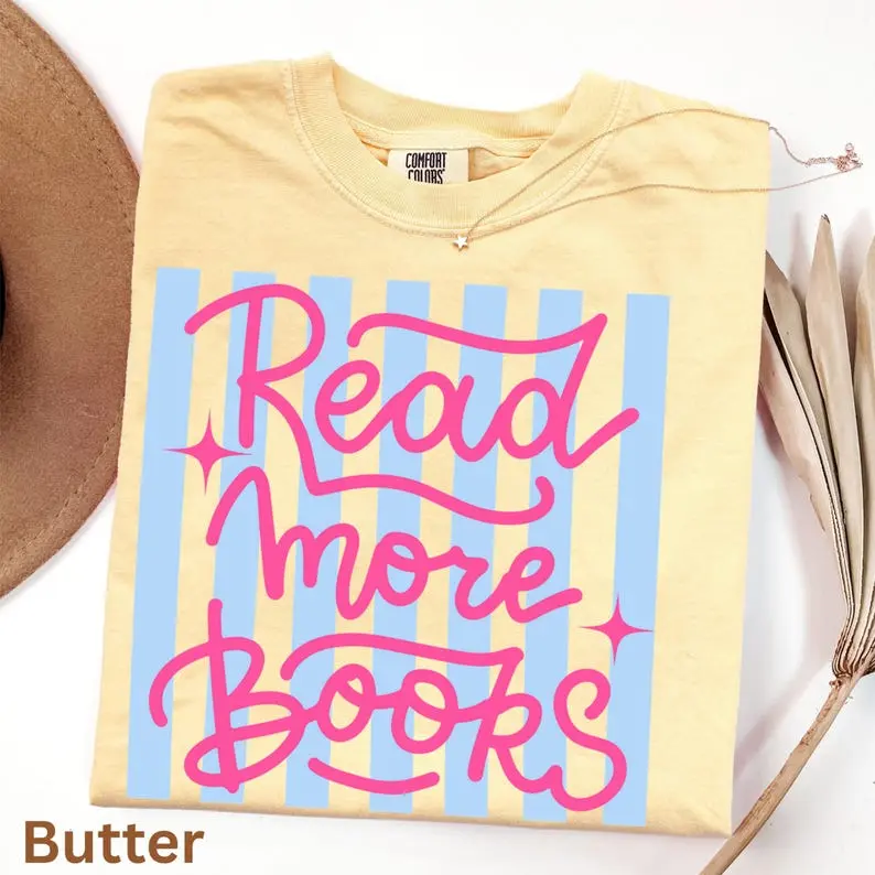 Comfort Colors Read More Books Shirt - Retro Groovy Bookish Graphic Tee, Pastel Striped Hot Pink Cursive Reading T-Shirt,Book Lover Gift Top
