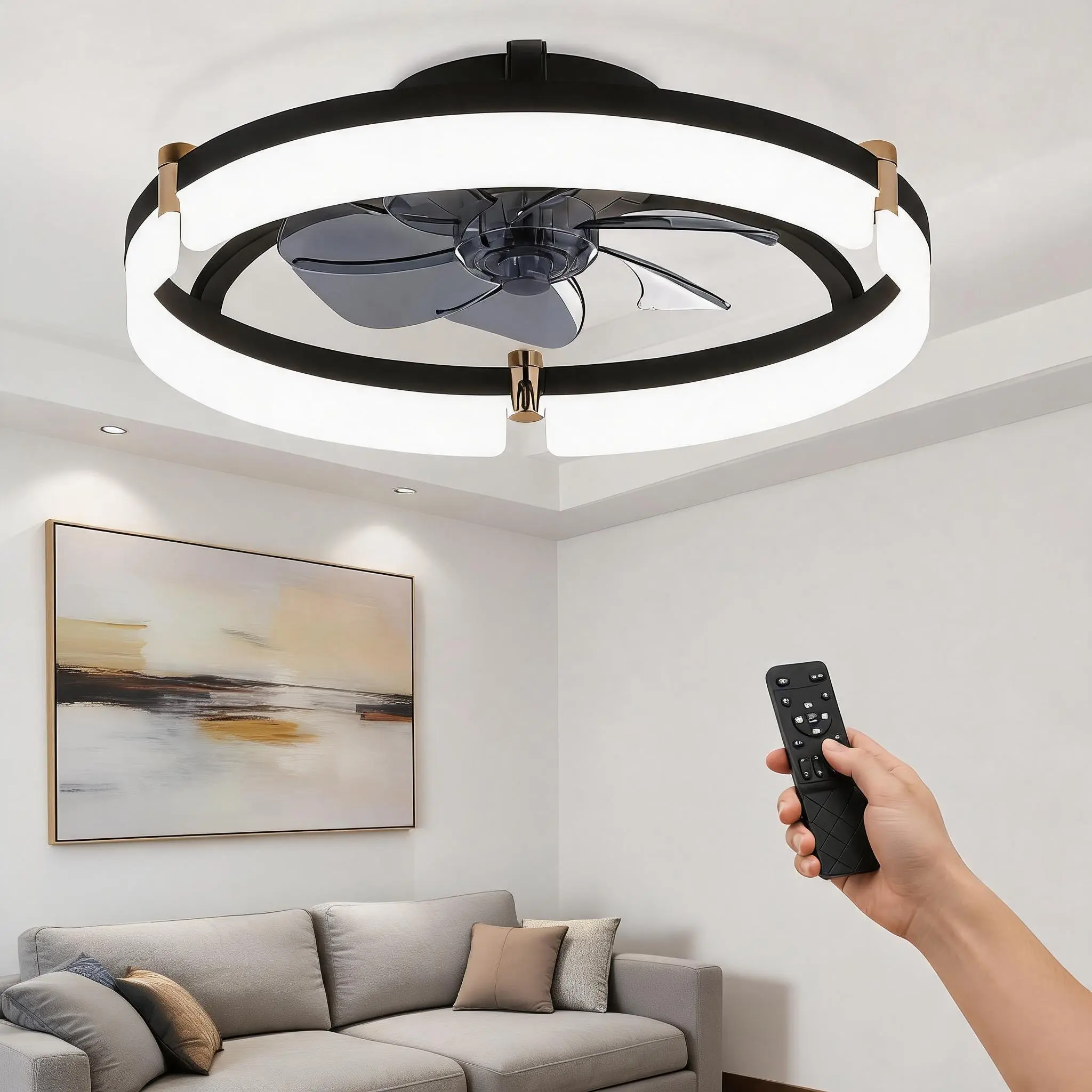 Garvee 20" Low Profile Flush Mount Ceiling Fan with Lights, Modern LED Fandelier with Detachable Acrylic Shade, Remote Control, Indoor Small Ceiling Fan Light for Bedroom Living Room Kitchen