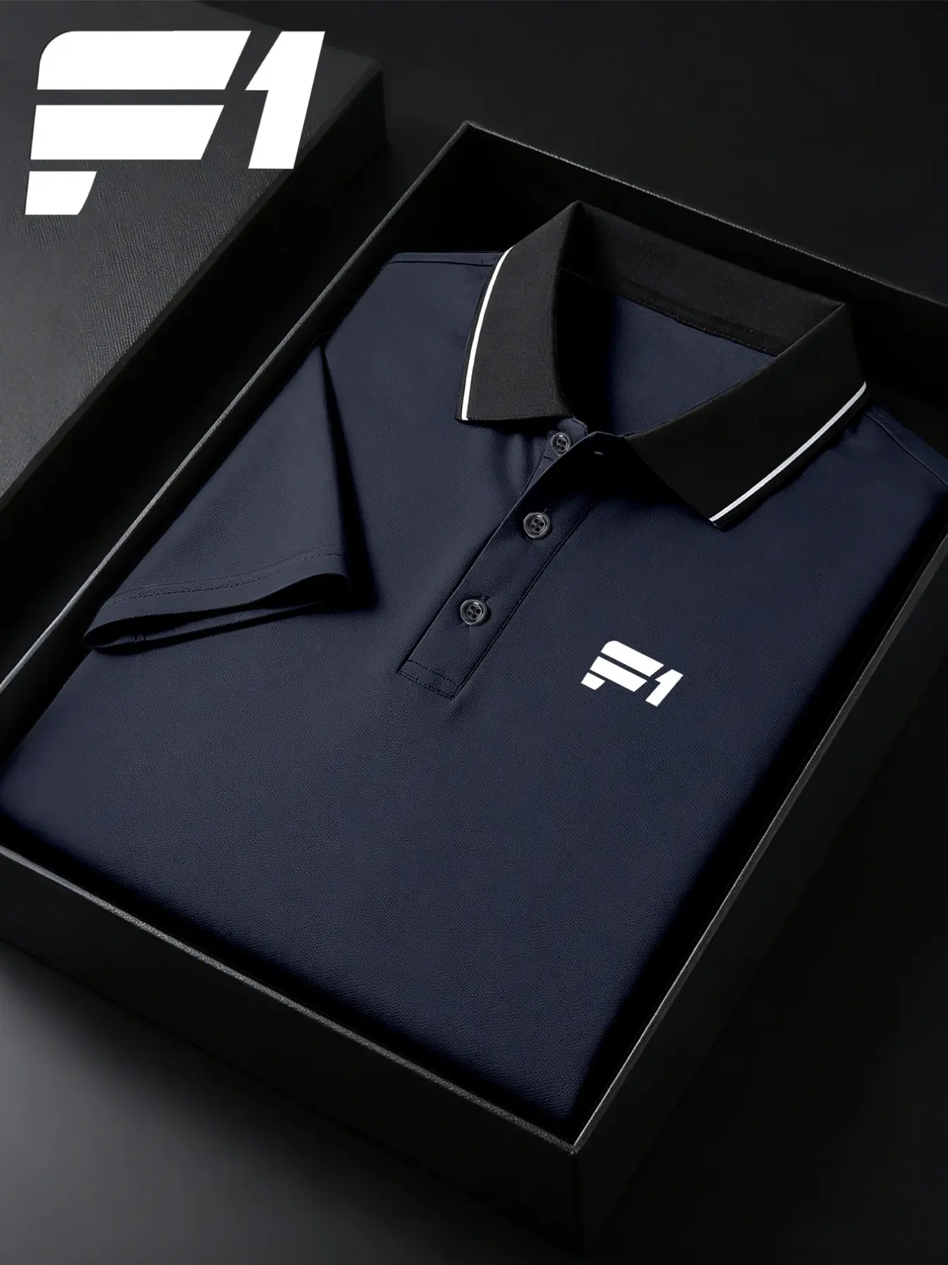 Men's F1 Logo Print Polo Shirt, Athletic Shirts, Quick-Dry Sportswear, Breathable Fabric, Durable Stretch, Short Sleeve Geometric Pattern