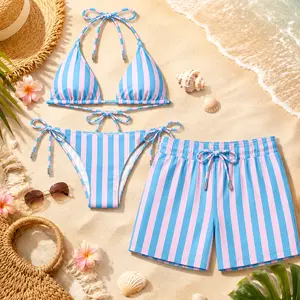 Blue Pink Striped Matching Couple Swimwear Set 2026, Bikini & Men’s Swim Shorts, Trendy Beach Vacation Outfit Gift for Couples