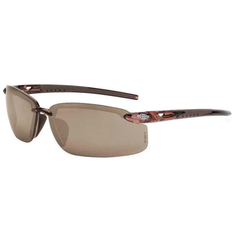 Crossfire ES5 Work Safety Glasses for Workers & Carpenters, Brown Frame, HD Brown Flash Mirror Lenses, Dual Mold Rubber Temple Grips, Rubberized Nosepiece, ANSI Z87 Compliant Eye-Friendly Sun Protection, 125mm Frame Width, 130mm Temple Length