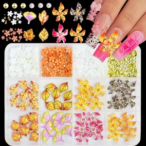 12Grids 3D Flower Nail Charms Yellow Hibiscus Flowers Nail Gems Fall Maple Leaf Brown Leopard Flower Nails Rhinestones Charms for Nails Art Design Gold White Pearls Flatback Nails Jewels for Women
