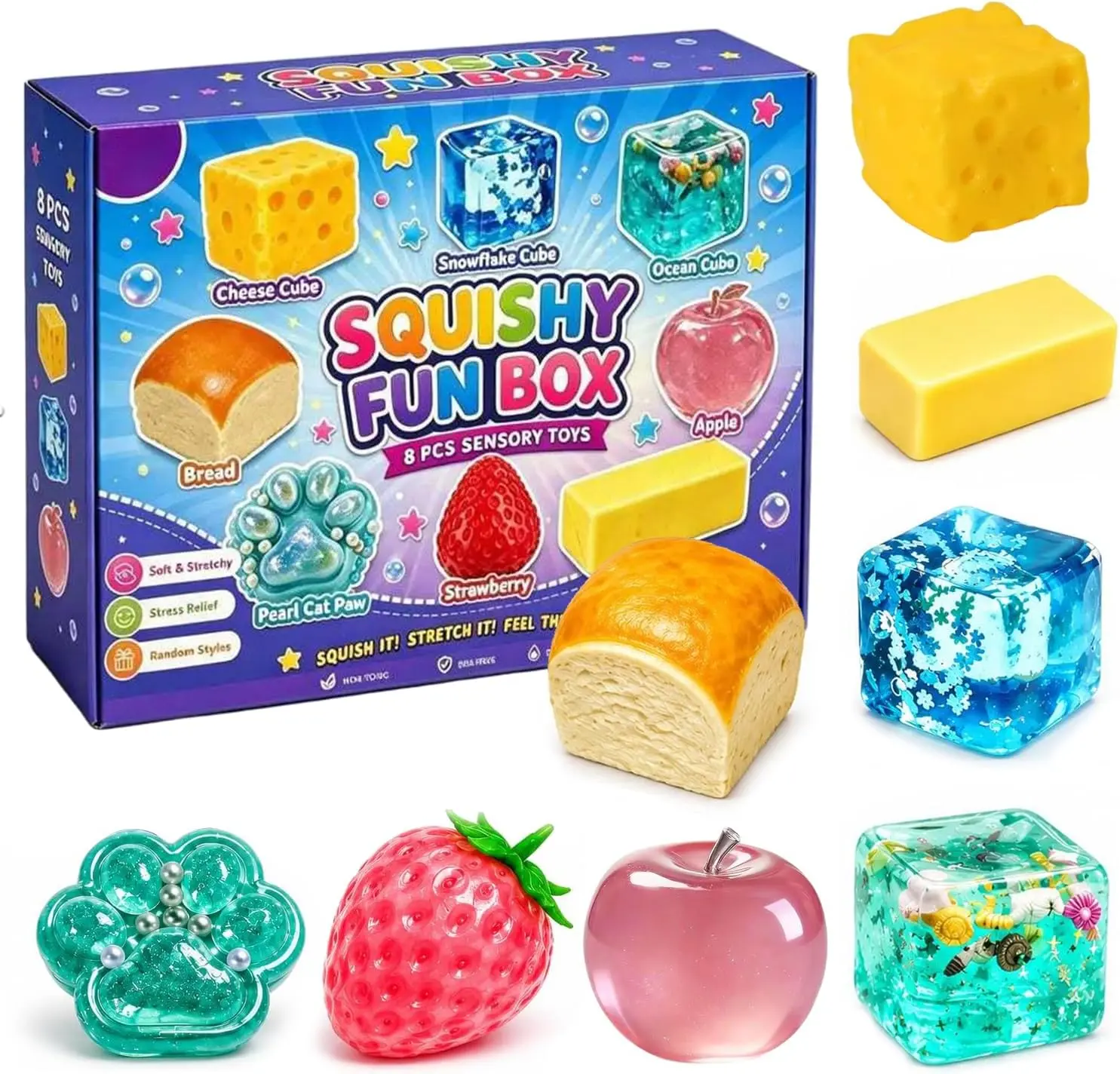 Squishy Box Mystery Set, 8 Pcs Slow RisingSquishies, SoftSqueeze Fidget Toys for Deskand Office, Malt Sugar BlindBox, DesktopSensory Accessory, Fun Gift for Kids TeensandAdults