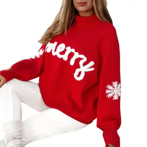 Women??s Red Merry Snowflake Pattern Turtleneck Drop Shoulder 2025 Christmas Sweater(Sheets)