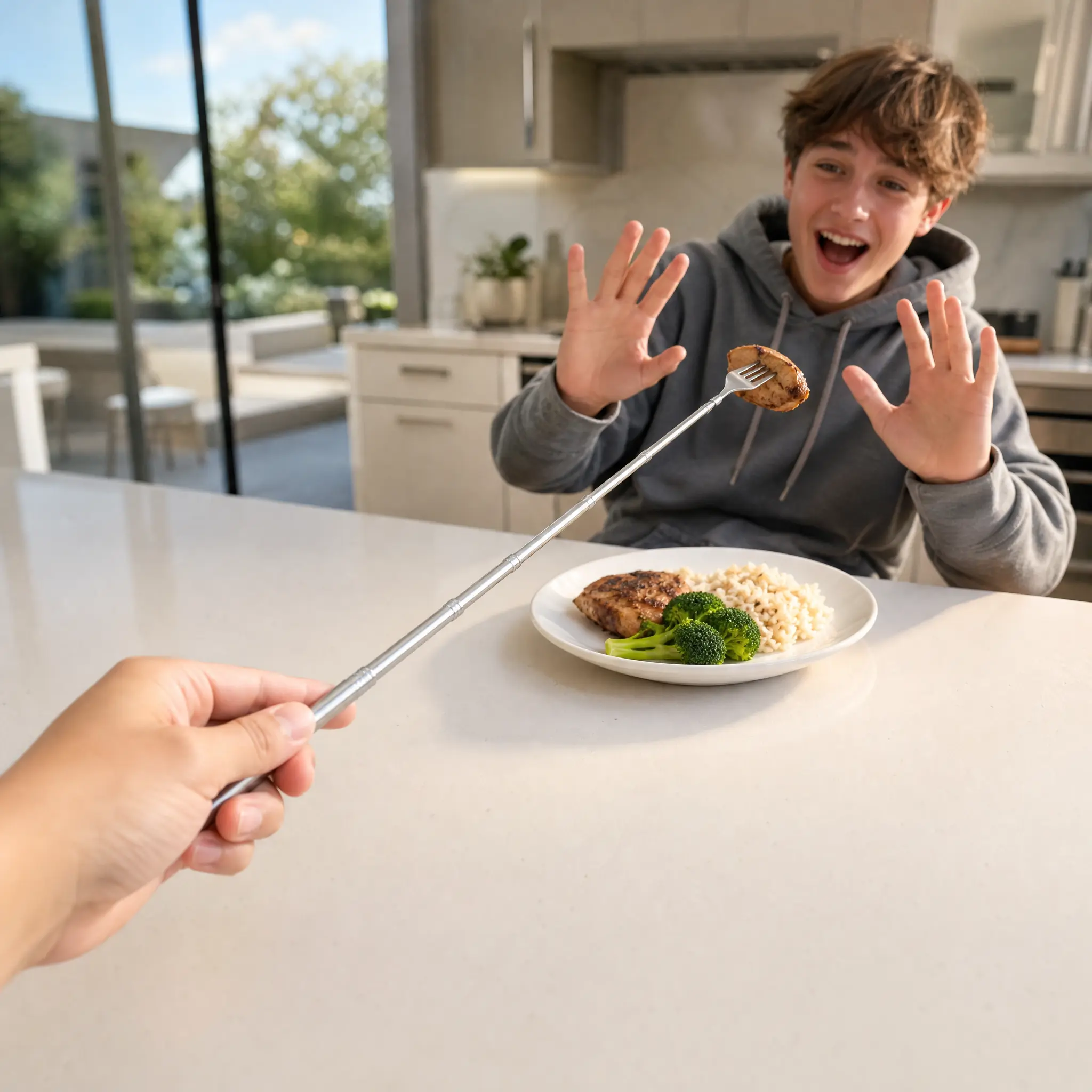 The Ultimate Food Stealing Prank! Extendable Telescopic Fork - 25.43" Long Handle Gag Gift