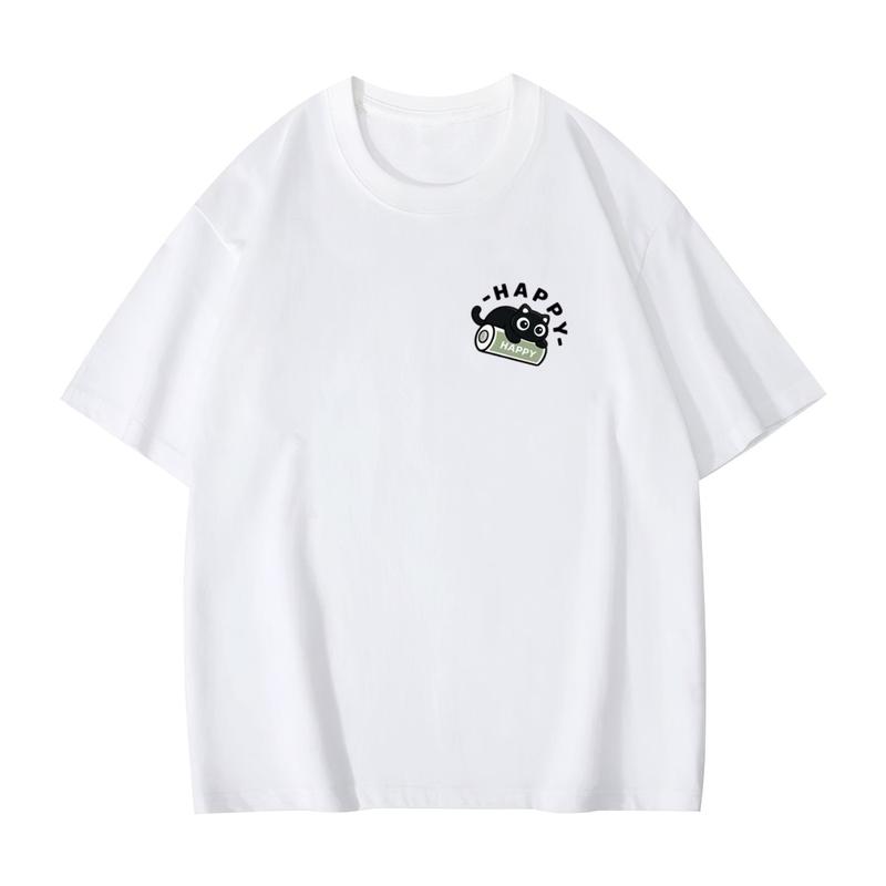 Women's Comfortable Pure Cotton Short Sleeve Crew Neck Top - Minimalist Cute Unisex Happy Black Cat Roll Paper Print, Small Chest Pocket, Loose Casual Streetwear, Ideal for Daily Basics, Viral TikTok Inspired Valentine's Day Tee