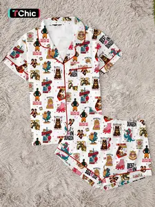 Funny Cute Dungeon Cat Pajamas Cozy Fantasy Sleepwear Set for Women,Two-Piece Women's Pajama Set, Fitted Heart Pattern, Short Sleeve Shirt & Pants, Party Wear,