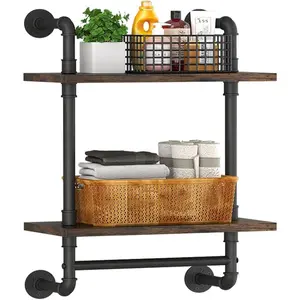 Industrial Pipe Floating Bathroom Rack Wall-Mounted Towel Bar, 2-Tier Rustic Wood Wall Shelf, 16inch Metal Towel Rack Storage Bookshelf, Suitable for Bathroom, Kitchen, Farmhouse, Living Room