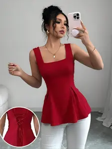 Baddie Sweet-Spicy Red Square Neck Sleeveless Blouse (Lace-Up Back Peplum Hem) Y2K Retro Sweet Girl Red Sleeveless Waist-Cinched Blouse (Lace-Up Back) Elegant Chic Red Square Neck Sleeveless Blouse (Peplum Waist & Lace-Up Back)
