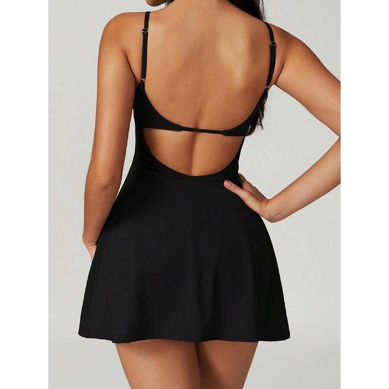 Women's Tennis Dress With Shorts, Spaghetti Strap Backless Yoga Golf Dresses, Side Slit A-Line Exercise Workout Dress(It Is Recommended To Buy The Product One Size Larger)