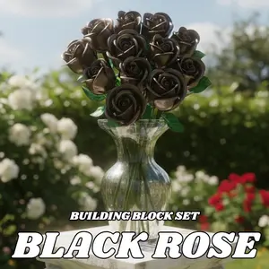 Black Rose Building Blocks Bouquet Home Decorative Artificial Flower Creative Ornaments Ideal Birthday Christmas Halloween Gifts, Faux Rose Bouquet