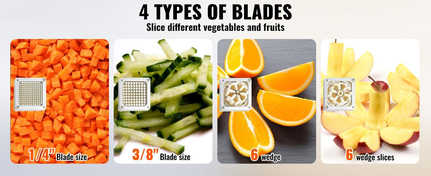 VEVOR Commercial French Fry Cutter with 4 Replacement Blades, 1/4″ & 3/8″ Blade Easy Dicer Chopper, 6-wedge Slicer & 6-wedge Apple Corer, Kitchen Vegetable Fruit Chopper Lemon Potato Cutter for French