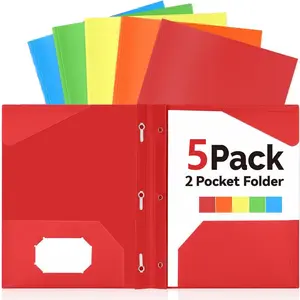 5 Pack Heavy Duty 3-Prong 2-Pocket Plastic Folders Colored Document File Folders Essential Back to School Supplies for Kids