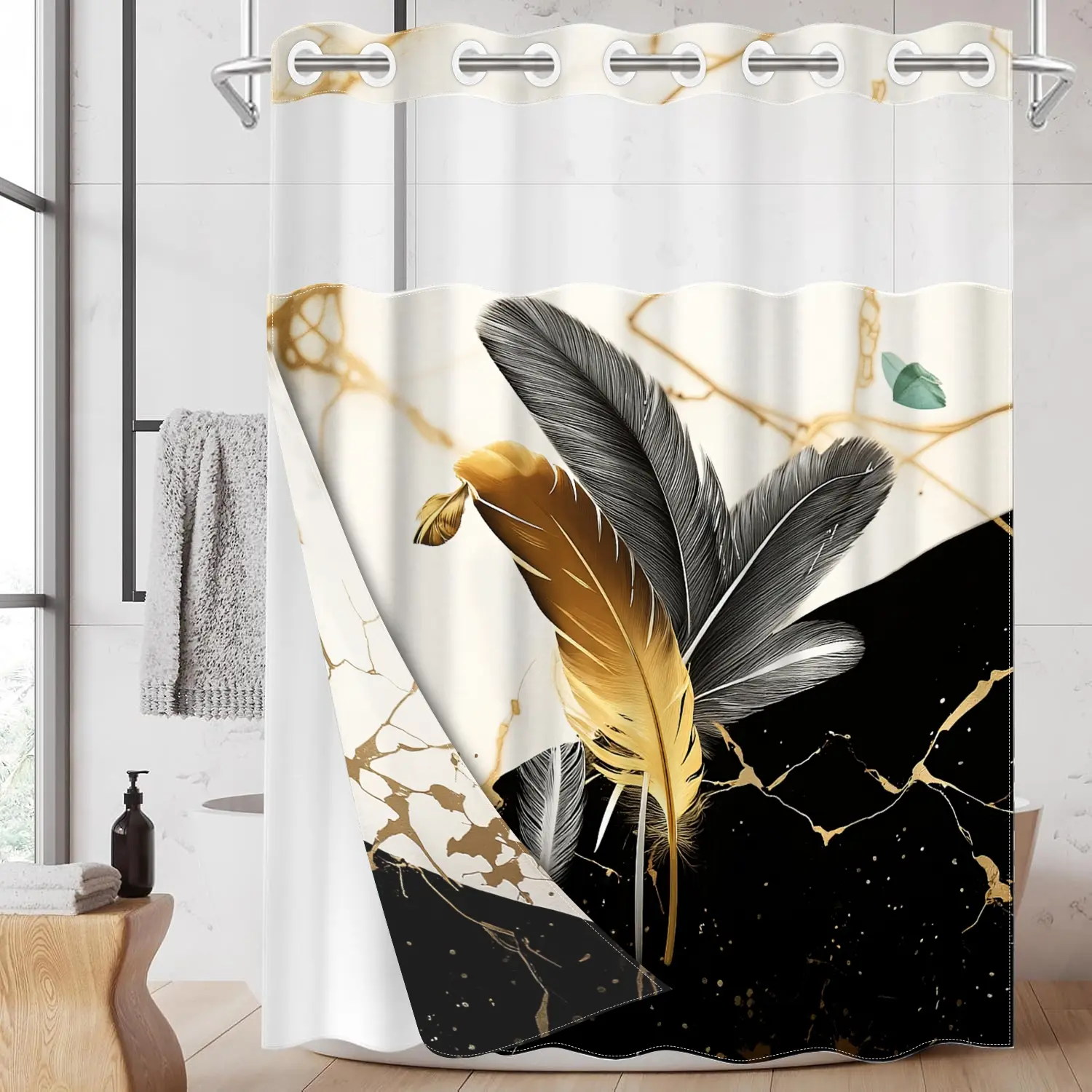 1pc 2D Flat Printing hookless shower curtain liner Black and Gold Feather Fabric waterproof lining with transparent window, Shower Curtain No Hooks With Liner, double-layer, 71x74 inches, modern home decor Hanging
