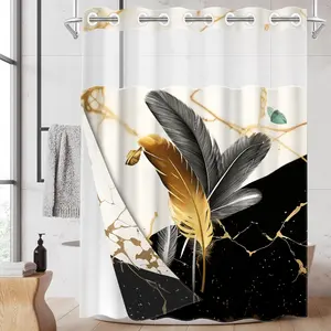 1pc 2D Flat Printing hookless shower curtain hanger liner Black and Gold Feather Decorative Painting Fabric waterproof lining shower curtain with transparent window, double-layer shower curtain, 71 x 74 inches, modern home curtain decoration Hanging