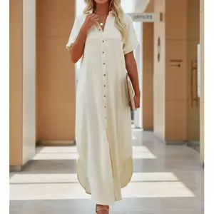 Women's Linen Cotton Button Shirt Dress - Casual Loose Maxi Dress with Short Raglan Sleeves & Turn-Down Collar for Everyday Wear - Breathable