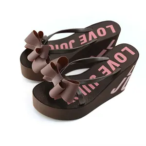 Women's Wedge Flip-Flop Footwear - Summer New Style, Bow Accent, Thick Chunky Sole, Height Increasing, Beach & Vacation Sandals