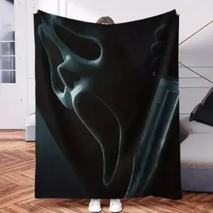 Scream Movie Poster Fleece Blanket - Soft & Cozy Black & White Ghostface Mask Design, 280GSM Heavyweight All-Season Throw for Bed, Couch, Camping, Office - Horror Movie Fan Gift, Contemporary Style, Geometric Pattern, Plush Texture, Highquality Material