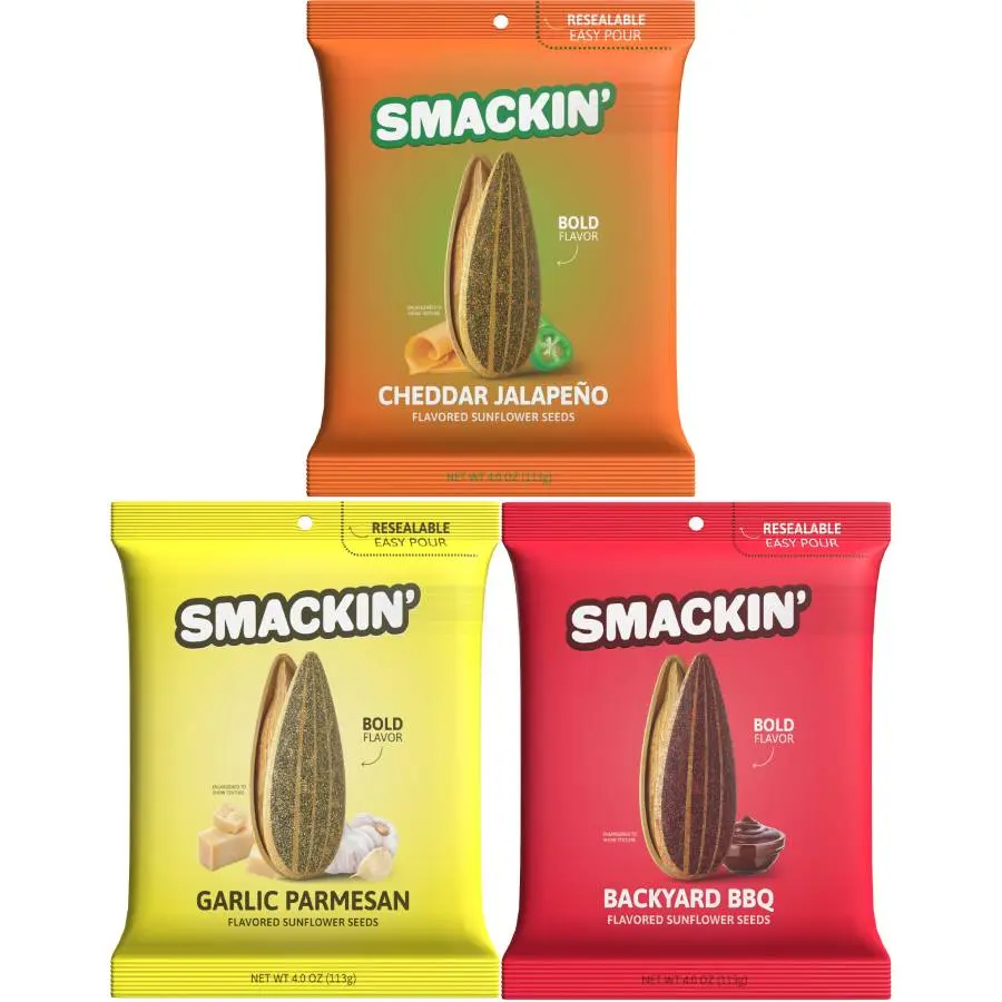 SMACKIN’ Sunflower Seeds 3-Flavor Variety Pack - 4oz Bags (Cheddar Jalapeño, Backyard BBQ, Garlic Parmesan) Savory Snack