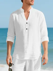 Men's Casual Linen Henley Shirt Long Sleeve, Simple Solid Color Design, Loose Fit Beach Tee Top, Soft Fabric for Spring & Fall, Daily Wear Essential