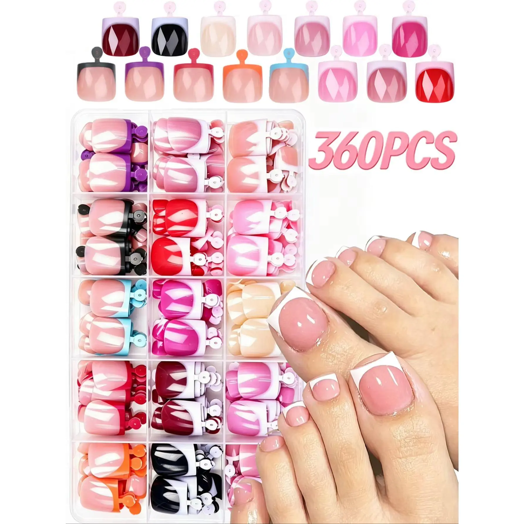 360Pcs Short Square Press On Toenails French Gradient False Toe Nails Full Cover Glossy Acrylic Fake