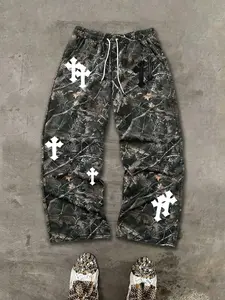 Men's Casual Camo Long Pants, Graphic Cross Pattern Print, Drawstring Wide Leg, Loose Fit, All Seasons, Fashionable Men's Clothing, Casual Lounge Pants, Casual Street Trousers