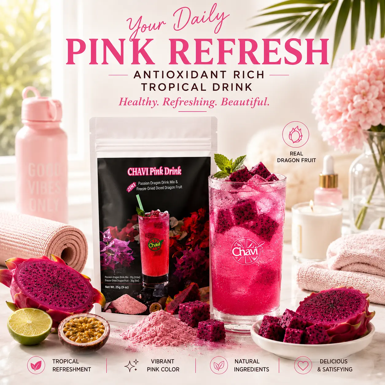 CHAVI Pink Drink Mix – Passion Dragon Fruit Powder with Freeze-Dried Diced Dragon Fruit Add-In – 2-in-1 Pitaya & Passion Fruit Refresher – Naturally Sweet, No Added Sugar, Non-GMO, Vegan, Gluten-Free