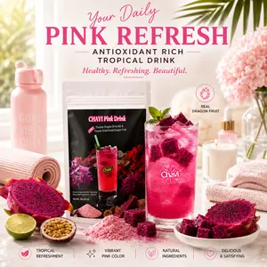 CHAVI Pink Drink Mix – Passion Dragon Fruit Powder with Freeze-Dried Diced Dragon Fruit Add-In – 2-in-1 Pitaya & Passion Fruit Refresher – Naturally Sweet, No Added Sugar, Non-GMO, Vegan, Gluten-Free
