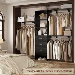 Aheaplus  96" Adjustable Closet Organizer System, 8FT Wall Mount Wardrobe with 3 Hanging Rods, Drawers, Pegboard, and Shelves - Perfect for DIY Walk-in Closets and Bedroom Organization