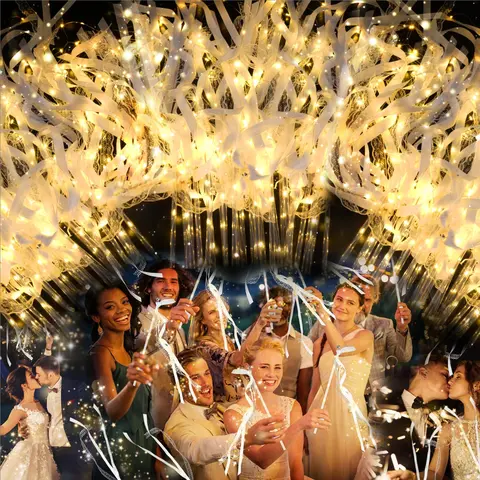 MICRENCY 30PCS ABS LED Wedding Wands - Satin Ribbon, Bells, Tinsel, 12.4in Handle, Bridesmaid Gifts, Party Favor Gifts, Bonfire Ceremony Supplies, Adult Goodie Bag Fillers, Festive LED Lights