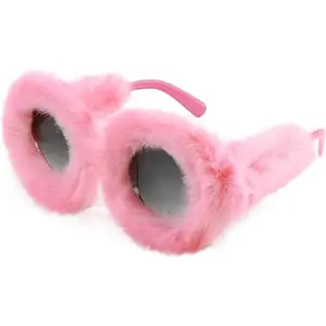 FEISEDY Women Plush Fuzzy Round Sunglasses Punk Soft Velvet Shades Ladies Handmade Party Cosplay Eyewear B2889